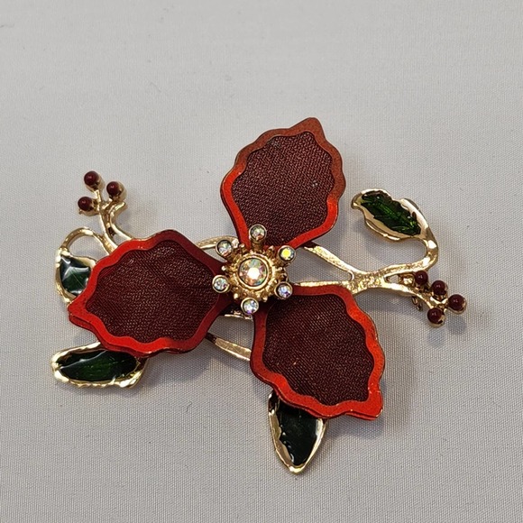 Kenneth Cole Red Mesh Poinsettia Brooch Pin Holiday Christmas Enamel Rhinestone - Picture 1 of 5